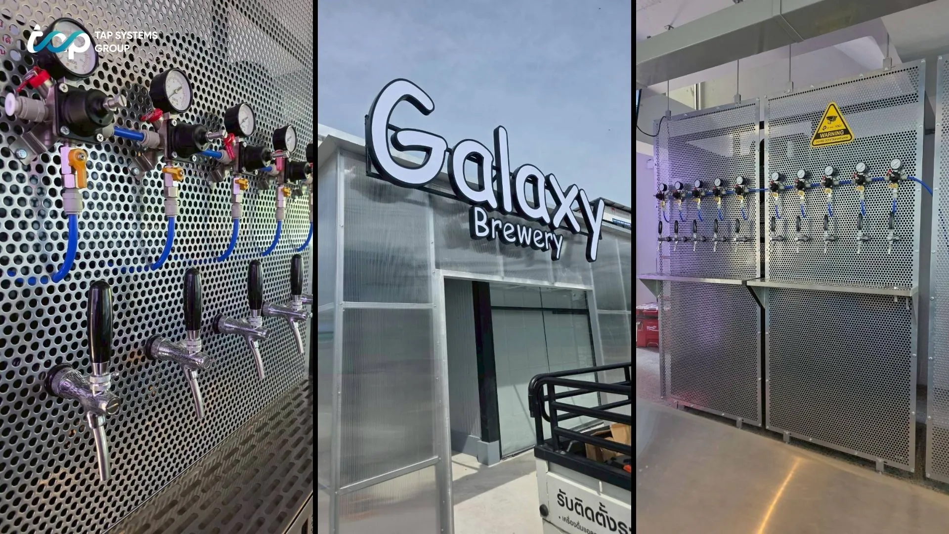 Draft beer installation with stainless taps and branded handles